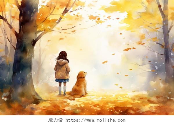 树林里女孩和她的狗卡通水彩AI插画立秋